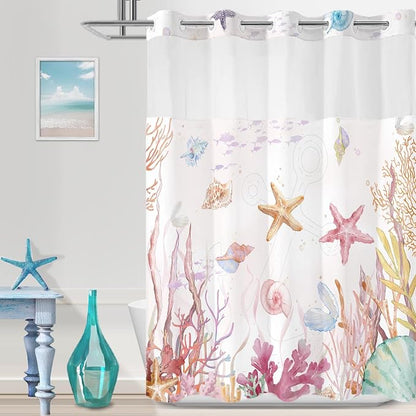No Hook Shower Curtain and Liner Set, Watercolor Pink Beach Coastal 71x74 | Nautical Ocean for Bathroom, with Snap in Liner Replacement, Mesh Top Window, Waterproof, Machine Washable, Quick-Drying