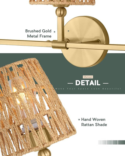 3-Light Brushed Gold Bathroom Vanity Light, Handwoven Rattan Shades | Ideal for 28-38" mirrors, 24.5" bathroom light fixtures over mirror, upward only, E26 base, bulbs not included, VL837-BG-RA-3