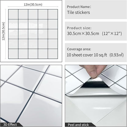 DEWOO Peel and Stick Backsplash Self Adhesive Wall Tiles White,10-Sheet | Checkered,Solid,Square,Sticky,for Kitchen,Bathroom,Laundry,Sink,12"×12"