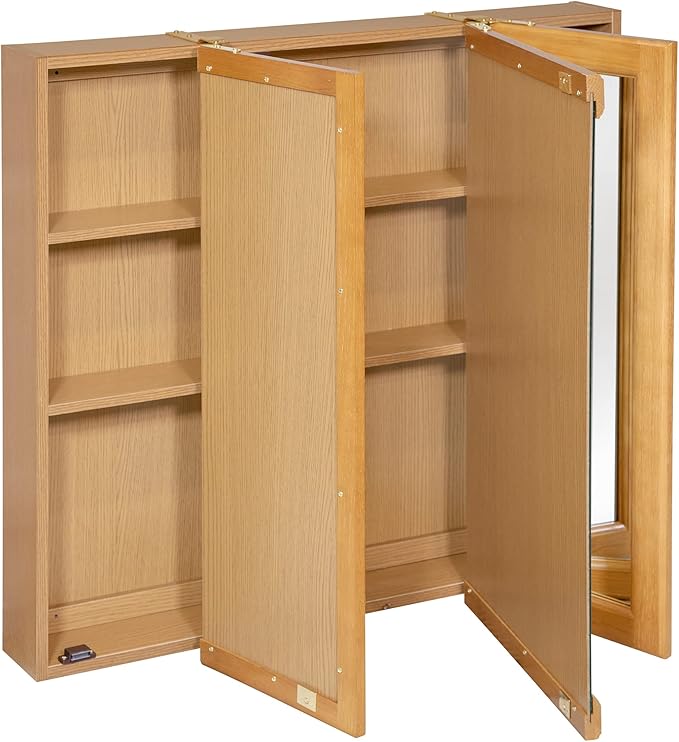 Design House Richland Medicine Cabinet, Fully Assembled, Wall Mounted, 3 Mirrored Doors, Wood Frame, Oak Finish, 36 in x 4.75 in x 30 in, 530576-NOK
