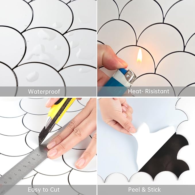 6 Sheets White Peel and Stick Backsplash Tile, Fish Scale Wall Tiles Stick on Backsplash for Kitchen Bathroom