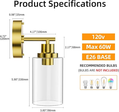 Bathroom Wall Sconce with Clear Glass Shade, Brushed Gold Vanity Light | E26 Bulb Base, Clear Glass Shade, Modern Wall Light Fixture for Mirror, Bedroom, Hallway, Wall Lamp Wall Mount Light