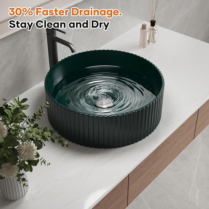15.7" Dark Green Round Fluted Ceramic Vessel Sink | Modern Minimalist Fluted Design, Durable Premium Ceramic, Smooth Glaze Easy To Clean, Deep Basin Prevents Water Splashes