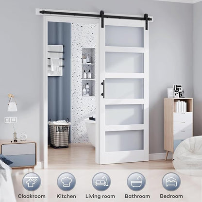 36x96 Inch Glass Sliding Barn Door Slab and 6.6ft Hardware Kit Included, 5 Frosted Glass, LVL Wood Panel Covered with White Water-Proof Scratch-Proof PVC Surface, Simple DIY Assembly