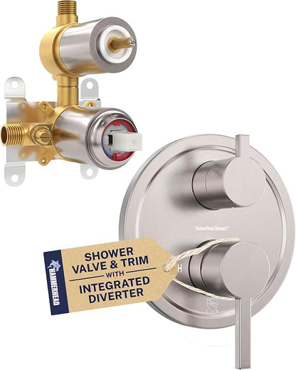 HammerHead Showers Solid Metal Two Handle Shower Valve and Trim Kit Brushed Nickel, Diverts Water Controls Volume and Temperature, Rough-In Shower Trim Kit with Valve and Pressure Balance Shower Valve
