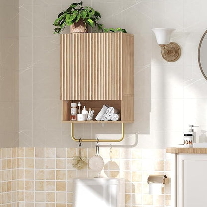 Bathroom Wall Cabinet, Wall Mounted Medicine Cabinets with Towel Bar & Adjustable Shelf, Over The Toilet Space Saver Storage Cabinet with 2 Doors, for Bathroom Laundry Room Kitchen, Natural