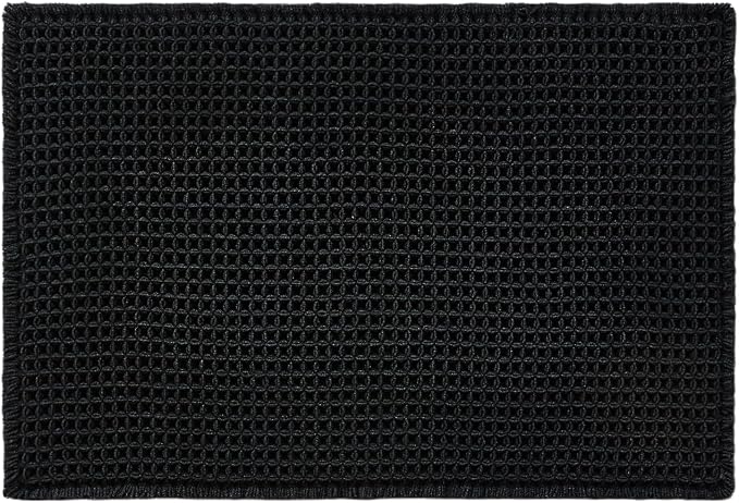 TYUU Black Waffle Bath Mat, Small Boho Bathroom Rugs Non Slip 24x16 | Super Absorbent Quick Dry Bath Rug, Non-Slip Backing, Soft Waffle Washable Farmhouse Bathroom Mats, Tub, Shower & Home Decor