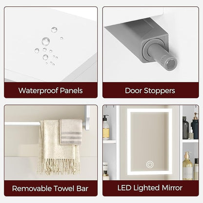 Bathroom Wall Cabinet with Mirror, Wall Mounted Medicine Cabinet with Color Adjustment LED Lights, Mirrored Over The Toilet Storage Cabinet with Adjustable Shelves, 23.6''W x 21.6''H, White