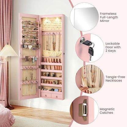 LOKO Mirrored Jewelry Armoire, Wall/Door Mounted Jewelry Cabinet with Full-Length Mirror, Lockable Jewelry Storage Organizer with 2 Drawers & 2 LED Lights, for Girls Women Gift Bedroom (Light Pink)