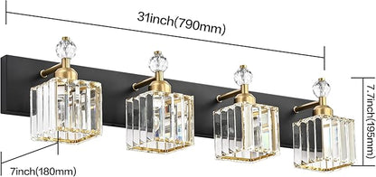 PRESDE 4-Light Crystal Vanity Light for Bathroom Modern Black and Gold Bathroom Lights Fixtures Over Mirror Modern Bath Wall Lighting