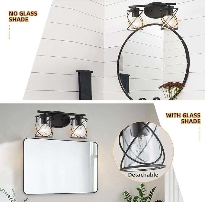 2-Lights Vanity Lights, Matte Black Farmhouse Wall Lights with Clear Glass Shade, Over Mirror Vanity Light, Kitchen Bedroom Bathroom Wall Lamp