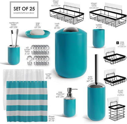 Clara Clark Bathroom Accessories Set - Bathroom Set with Adhesive Corner Shower Caddy Hanging, 25PC Bathroom Accessory Set, Teal Shower Curtain Set, Toilet Brush, Trash Can & Soap Dispenser