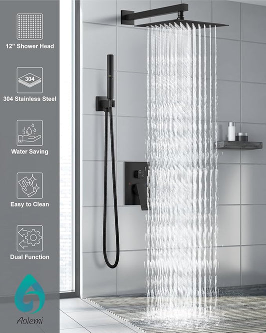 Aolemi Shower System with Rain Head and Handheld,12-Inch,Matte Black | High-Pressure Shower Faucet Set with Dual-Function Handheld,Rough-In Valve,1.8 GPM,Wall-Mount Trim Kit