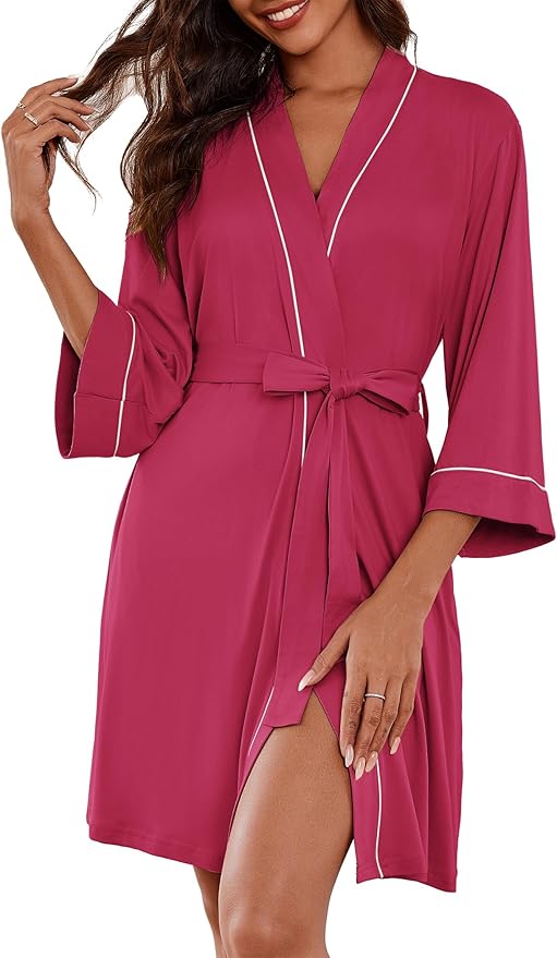 Ekouaer Women Kimono Robes Knee Length Knit Bathrobe Lightweight Soft Sleepwear V-neck Casual Ladies Loungewear
