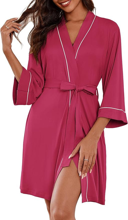 Ekouaer Women Kimono Robes Knee Length Knit Bathrobe Lightweight Soft Sleepwear V-neck Casual Ladies Loungewear