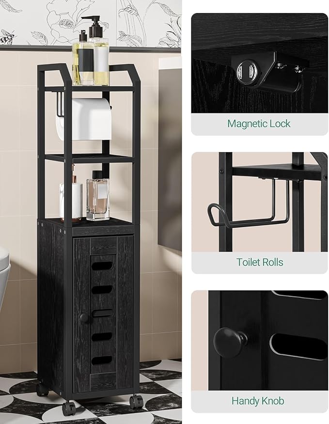 Bathroom Storage Cabinet - Toilet Paper Storage Cabinet, Small Toilet Paper Holder with 4 Wheels, Bathroom Organizer with Adjustable Shelf, for Small Spaces, Black BC04604X