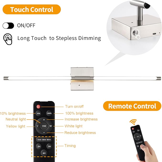 Morauroral Battery Operated Wall Sconces Set of 2, 3 Color Dimmable Rechargeable Wall Light with Remote, 24 Inch Sand-Nickel Wireless Sconces Wall Decor with Timer Function for Living Room, Bedroom,TV