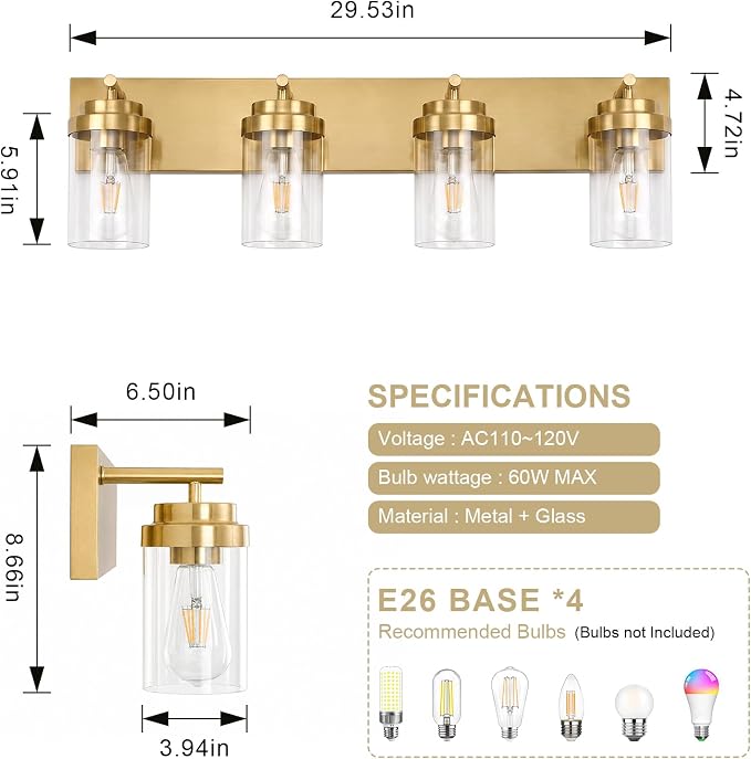 4-Light Bathroom Light Fixtures, Brushed Gold Vanity Lights | Modern Bathroom Lighting Fixtures Over Mirror, Vanity Lights for Bathroom, Mirror, Restroom, Bedroom, E26