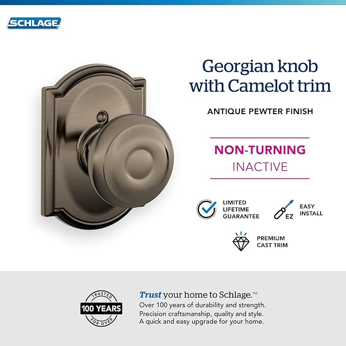 Schlage F170 GEO 620 CAM Camelot Collection Georgian Decorative Trim Knob, Antique Pewter