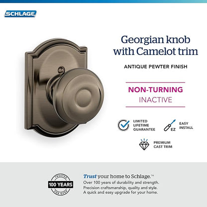 Schlage F170 GEO 620 CAM Camelot Collection Georgian Decorative Trim Knob, Antique Pewter