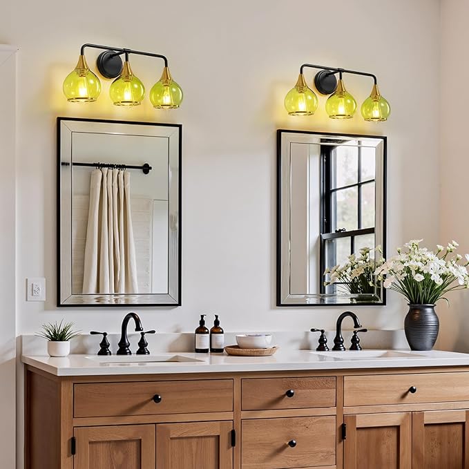 Black and Gold Bathroom Vanity Light 3-Lights Bathroom Light Fixtures Over Mirror with Green Clear Glass Shade 22.4 inch Wall Sconce Lighting Bath(Exclude E26 Bulb)
