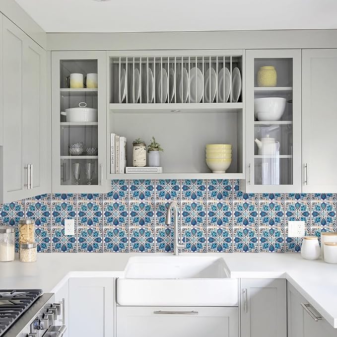 DICOFUN 32 Moroccan Tile Peel and Stick Backsplash, 6" x 6" Waterproof Mandala Stick on Wall Tiles (Style 7)