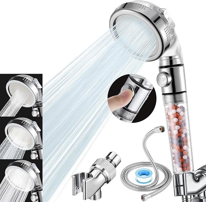 Vacto High Pressure Handheld Shower Head with Filter, Shower Head Kits with Hose and Bracket, Hard Water Softener Water Purifying Filtered Showerheads with Filter Beads