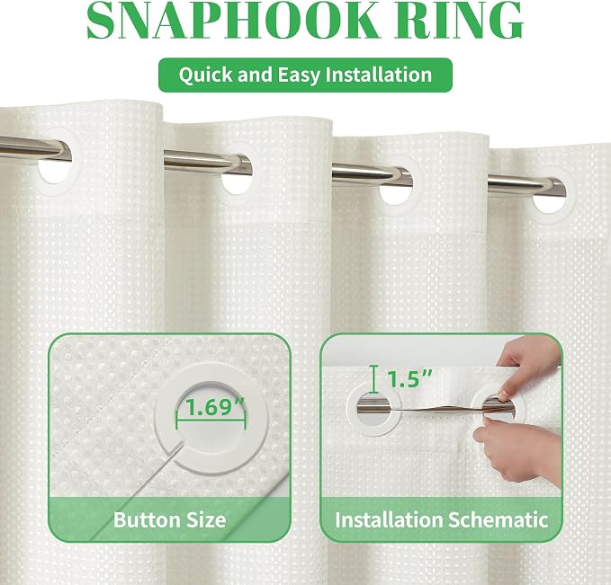 No Hook long Waffle Shower Curtain, No Liner Needed, 71x86 Inch, Cream | 100% waterproof TPU-laminated backing, magnetic weighted hem, machine washable, shower curtain set for bathroom or hotel use