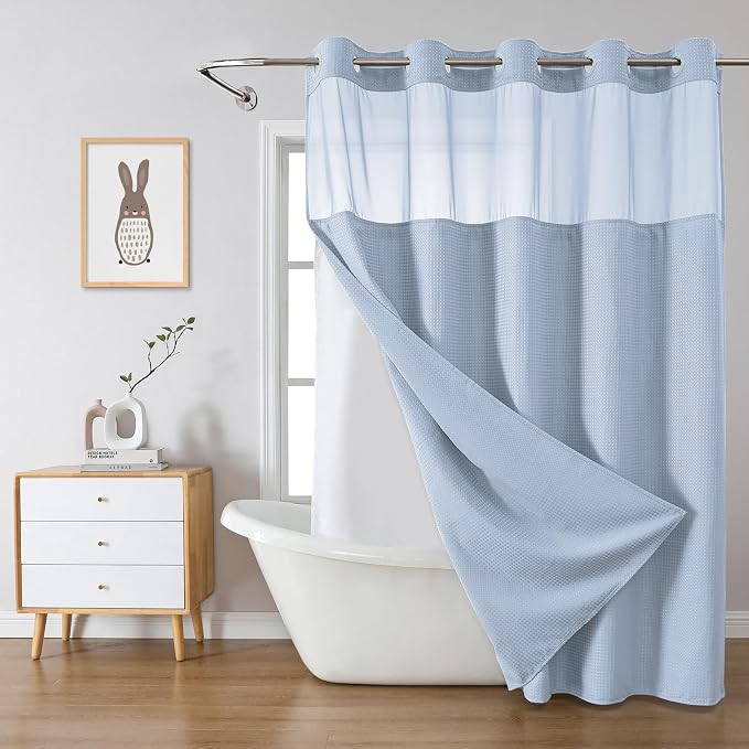 No Hook Waffle Shower Curtain with Snap-in Liner, 71x74 Inch, Frost Blue | 230 GSM waffle weave fabric, waterproof liner set with 2 bottom magnets, mesh top window, washable, for bathroom or hotel use