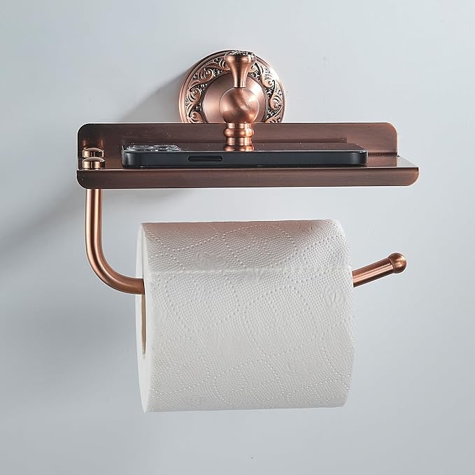Red Copper Bath Toilet Paper Holder with Phone Shelf, Wall Mounted Bathroom Hardware Accessories, Pattern Carving Design, PBR-4386W