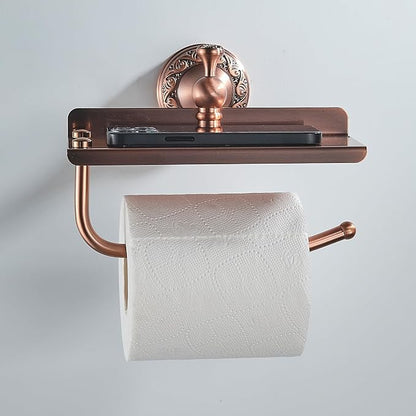 Red Copper Bath Toilet Paper Holder with Phone Shelf, Wall Mounted Bathroom Hardware Accessories, Pattern Carving Design, PBR-4386W