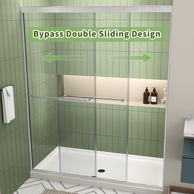 ACE DECOR Double Sliding Shower Door,56-60" W x 70" H,Brushed Nickel Finish | Bypass Semi-Frameless Shower Doors, 6mm Clear SGCC Tempered Glass, Easy-Clean Nano Coating&Leak-proof&Reversible Installation