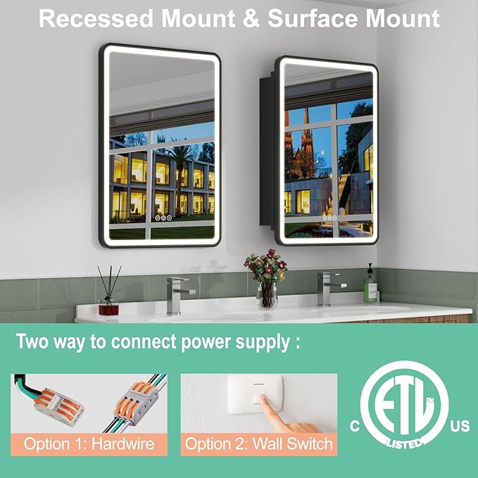 20x28 Inch Medicine Cabinet with Mirror, Recessed or Surface Mount Bathroom Medicine Cabinet with LED Lights, Anti-Fog, Memory Function, Adjustable Shelf, Dimmable Light, ETL Listed, Black,Left Hinge