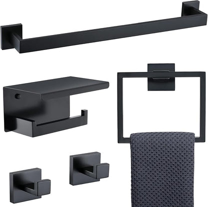 Black Towel Bar Set 5-Piece Bathroom Hardware Set Including 23.6 Inch Towel Bar,Towel Ring Towel Hook and Toilet Paper Holder with Shelf,Stainless Steel Bathroom Accessories Set