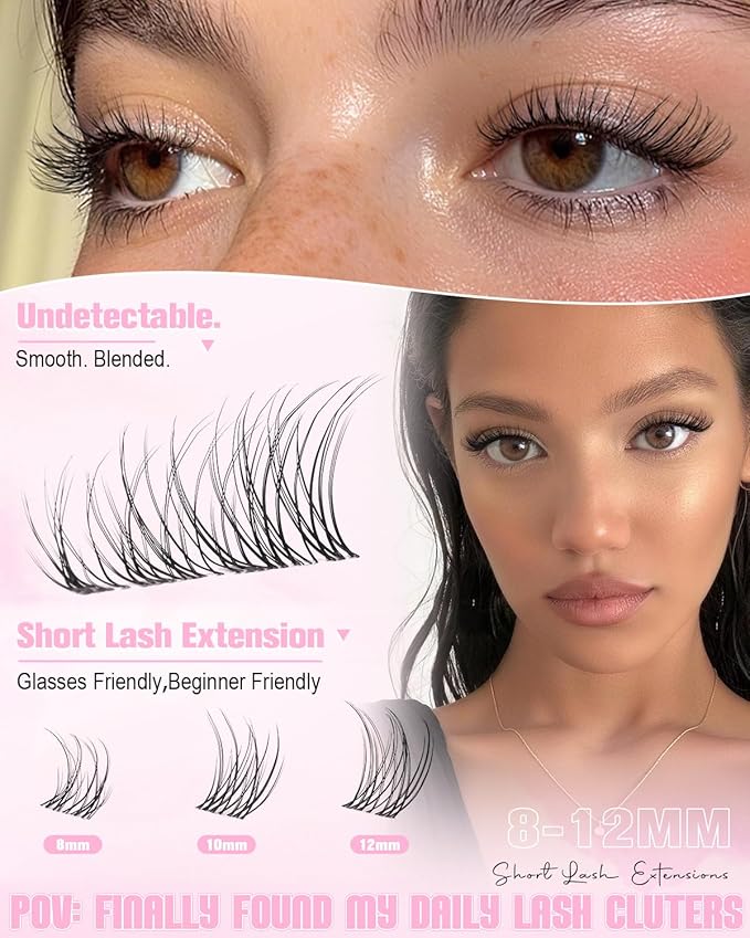 Natural Lash Clusters Short 8-10-12mm Cluster Eyelash Extensions 240Pcs Wispy Eyelash Clusters Venus Natural Individual Lashes with Clear Band for Lash Extensions Beginner Glasses Friendly