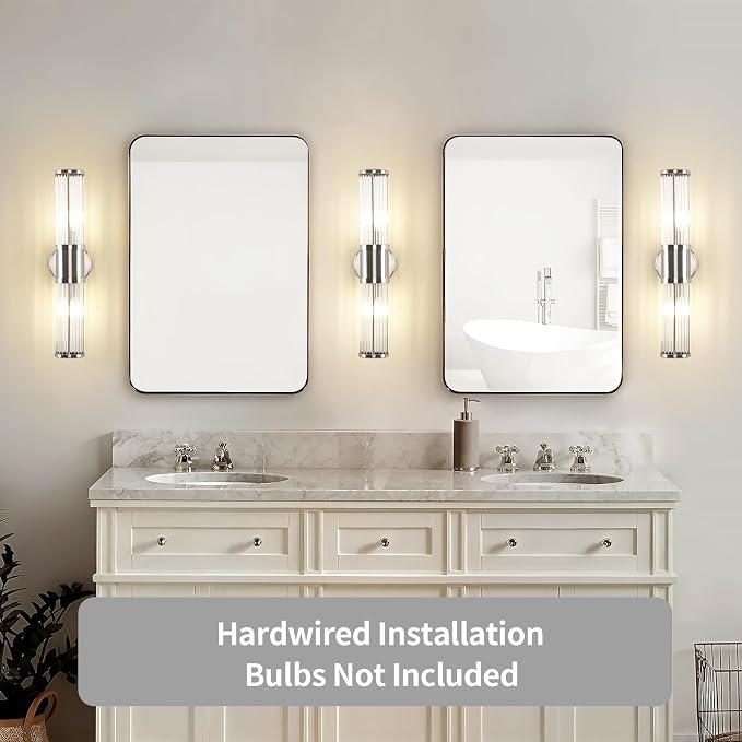 Dual Sconce Vanity Set of 2, Brushed Nickel Wall Light with Clear Glass Rods Shape, Industrial Vanity Lighting for Bathroom Mirror and Modern Bedroom