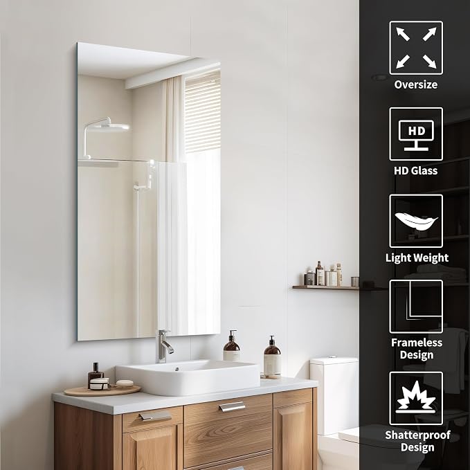 CILIBER Frameless Mirror, 24x48 Mirrors for Wall, Rectangle Bathroom Mirror for Over Sink, Frameless Vanity Mirror with Polished Edge, 3mm Tempered Glass, Hangs Horizontally or Vertically