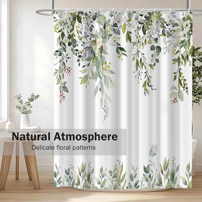 Sage Green Floral Eucalyptus Shower Curtain with Hooks, 72x72 Inch | Waterproof Fabric, Watercolor Leaves and Floral, Botanical Style, Machine Washable, Quick-Drying, for Hotel Bathroom