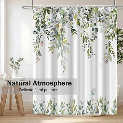 Green Floral Eucalyptus Shower Curtain with Hooks, 72x78 Inch | Waterproof Fabric, Watercolor Leaves and Floral, Botanical Style, Machine Washable, Quick-Drying, for Hotel Bathroom