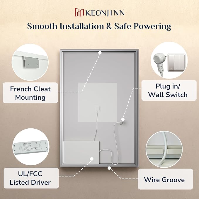 Keonjinn 42" x 36" Backlit Bathroom Mirror with Lights, Safe Tempered Glass | Beveled Edge, 3 Color Lights, Dimmable, Efficient Defogging, French Cleat, Memory Function, Lighted Bathroom Vanity Mirror