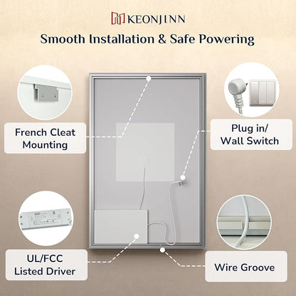 Keonjinn 60" x 36" Oversized Backlit Bathroom Mirror, Safe Tempered Glass | Beveled Edge, Dimmable 3 Color Lights, Quick Defogging, Smart Memory Function, French Cleat, LED Bathroom Mirror with Lights