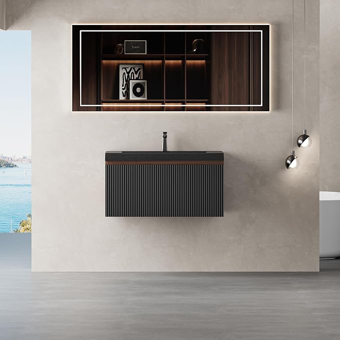 30 Inch Floating Bathroom Vanity, Smoked Walnut Wall Mounted Striped Cabinet, Black Quartz Sand Basin, Soft Close Drawers, Fully Assembled