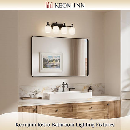 Keonjinn 4-Light Bathroom Light Fixtures, Black Vintage Vanity Lights for Mirror with Frosted Glass Shades, UL Listed E26 Base(Bulbs Not Included), Reversible Vanity Lighting Fixtures for Bathroom
