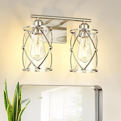 2-Light Brushed Nickel Bathroom Light Fixtures, 13.8 Inch Modern Bathroom Vanity Lighting Fixtures Over Mirror with Clear Glass and Metal Cage Wall Sconce Lights for Bath, E26, CH9176BN-2W