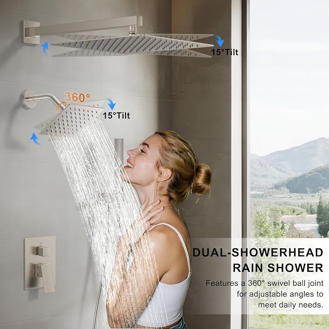 Rain Shower System 12" & 6" Dual Shower Heads, Wall Mount Shower Faucet Set | Ideal for bathroom remodels and upgrades with 12" rain shower, 6" angled shower, handheld spray and complete valve kit.