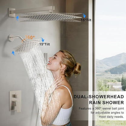 Rain Shower System 12" & 6" Dual Shower Heads, Wall Mount Shower Faucet Set | Ideal for bathroom remodels and upgrades with 12" rain shower, 6" angled shower, handheld spray and complete valve kit.