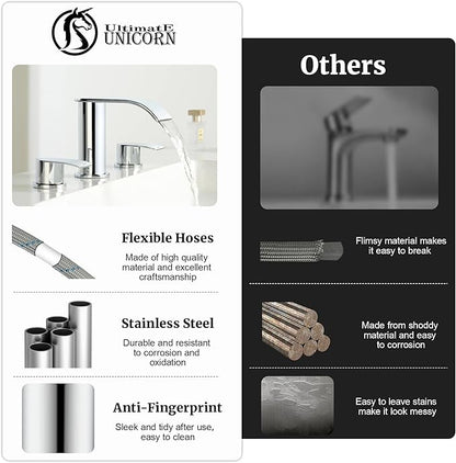 Ultimate Unicorn 8 inch Bathroom Faucet Chrome, Waterfall Bathroom Faucet with Metal Pop-up Sink Drain Stopper and 2 Supply Hoses,2 Handle Widespread Faucets for Vanity Sink 3 Holes
