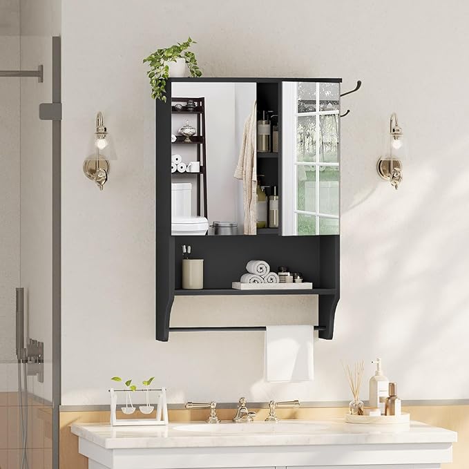 Bathroom Wall Cabinet with Mirror, Medicine Cabinet with 2 Door and Adjustable Shelf, Wall Mounted Over The Toilet Storage Cabinet for Bathroom Laundry Room Kitchen, 18.9"W x 26.2"H, Black