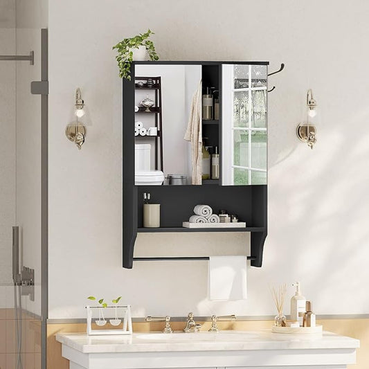 Bathroom Wall Cabinet with Mirror, Medicine Cabinet with 2 Door and Adjustable Shelf, Wall Mounted Over The Toilet Storage Cabinet for Bathroom Laundry Room Kitchen, 18.9"W x 26.2"H, Black