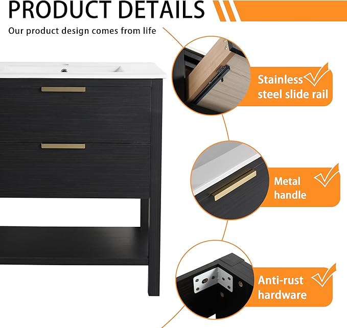 30'' Freestanding Bathroom Vanity, 30 Inch Floor Stand Bathroom Vanity with Sink, Single Ceramic Sink Cabinet Set, Modern Storage Cabinet, with Soft Closing Drawers, Storage Shelf, 01030BCTG
